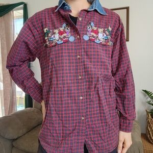 Vintage Bobbie Brooks Plaid Bear Embroidered Button Down Denim Shirt Size Large